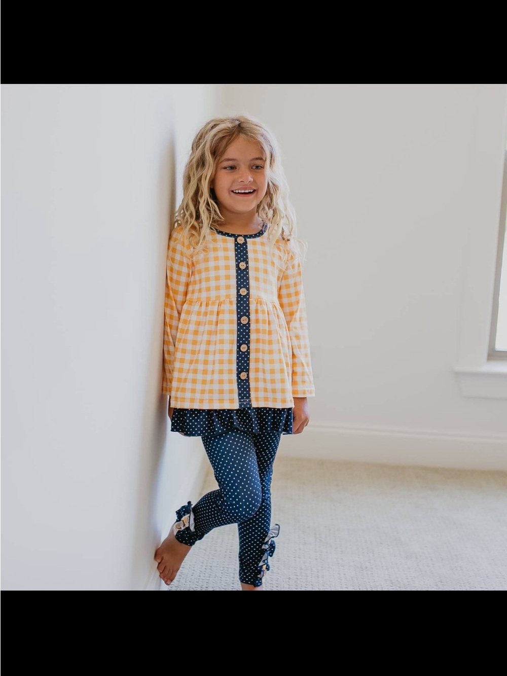 Girls Yellow Gingham Button-Front Top with Navy Polka Dot Trim and matching leg